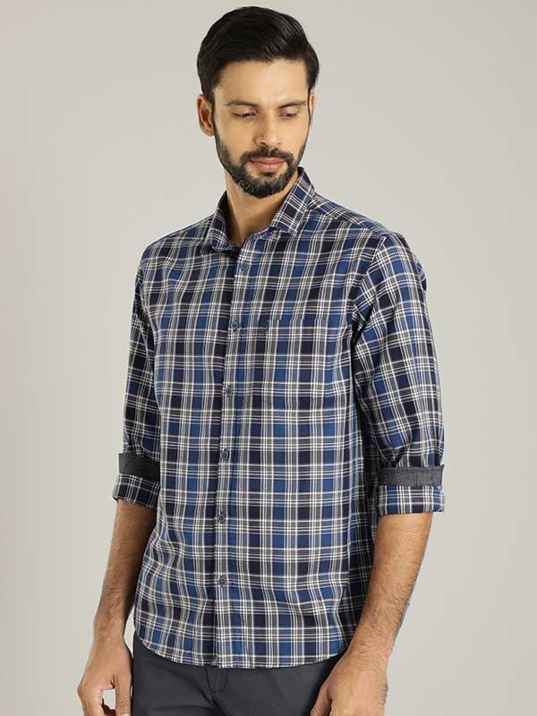 Indian Terrain Men's Slim Fit Full Sleeve Checkered Navy Shirt